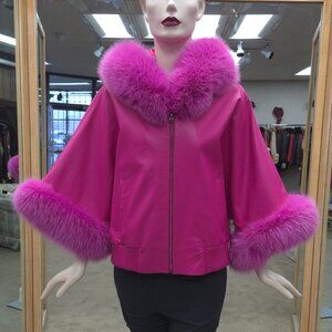 Pink Lamb Leather Cape Jacket with Fox Fur Trim